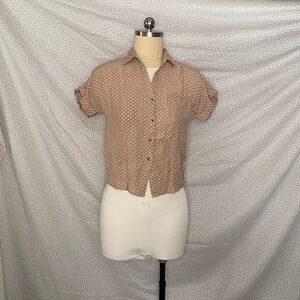 Pale Pink White Small Polka Dots Button Up Tee Shirt Collar V-cut Neckline